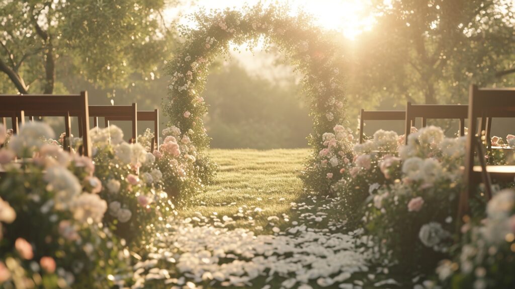 blush and cream backyard wedding ceremony florals 1024x574 - 9 Important Factors to Keep in Mind When Hosting an At-Home Wedding Reception