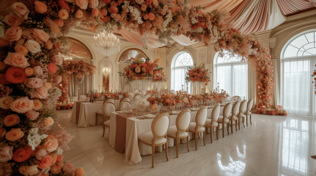 wedding reception room with white marble pink draping and peach and pink flowers 1024x572 - Love at First Bite: Assembling an Unforgettable Wedding Menu