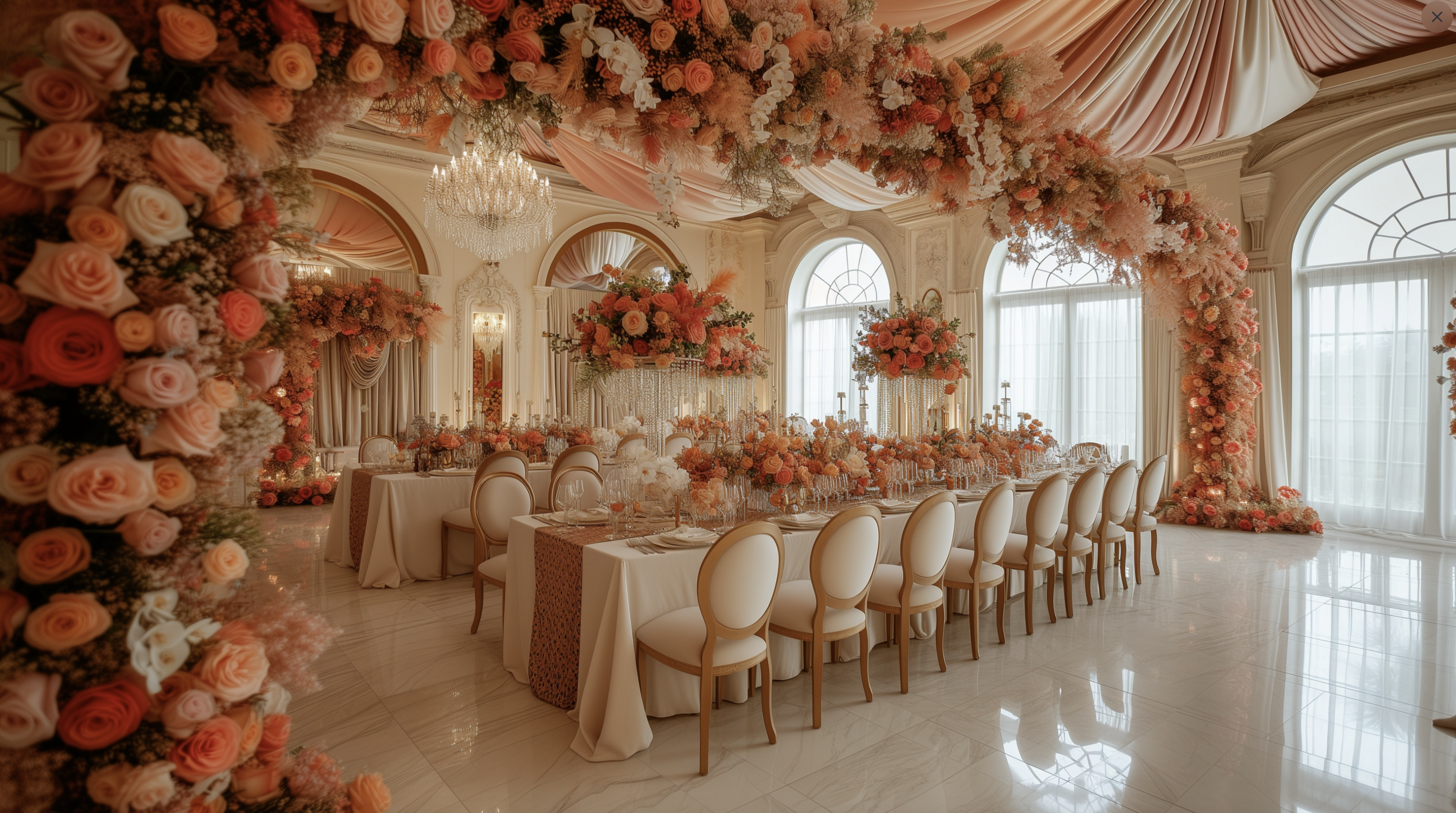 wedding reception room with white marble pink draping and peach and pink flowers