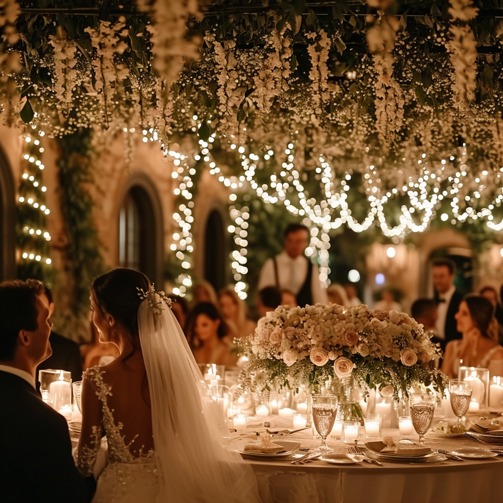 white ceiling floral installation at wedding - Love at First Bite: Assembling an Unforgettable Wedding Menu