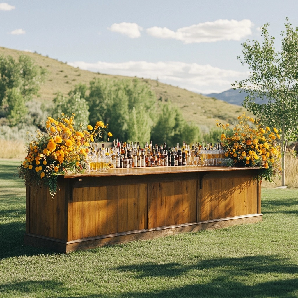 custom bar for wedding natural wood and yellow wildflowers - How Much Alcohol Should You Get for Your Wedding? Follow These 5 Rules